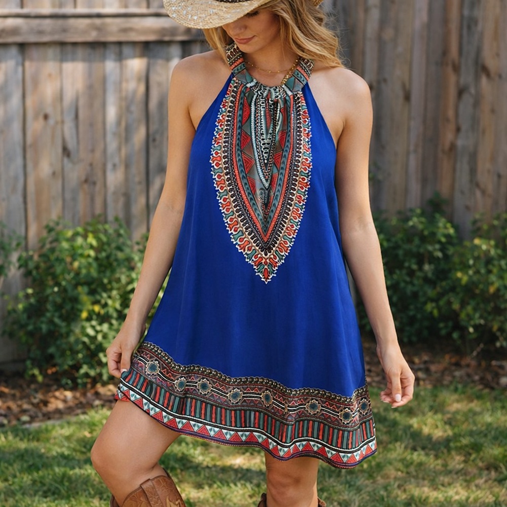 Band of Gypsies Royal Blue Halter Mini Dress with Red and Green Tribal Accents